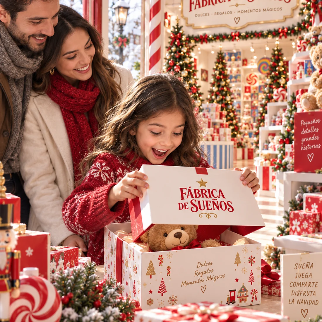 Familia compartiendo un regalo de Navidad
