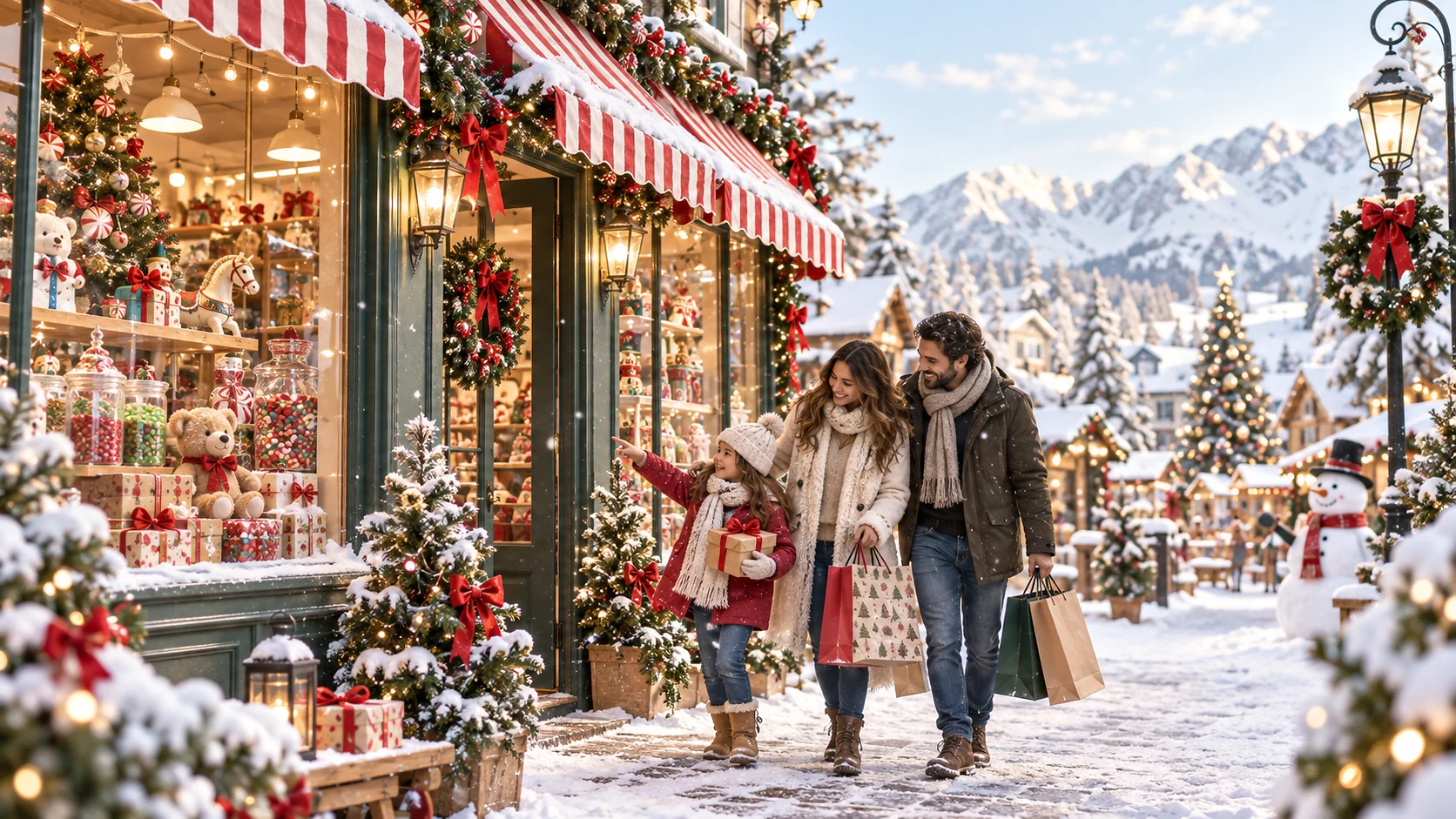 Familia recorriendo un pueblo navideño nevado